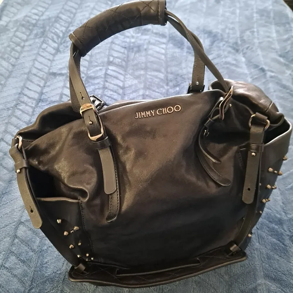 Jimmy Choo Blare Studded Shoulder Purse Satchel Tote Bag Black Glossy Leather